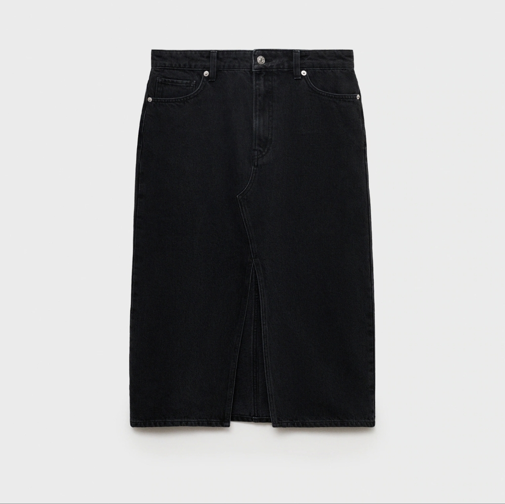 Mango Black High-Waist Midi Pencil Skirt with Front Slit - Picture 3 of 6